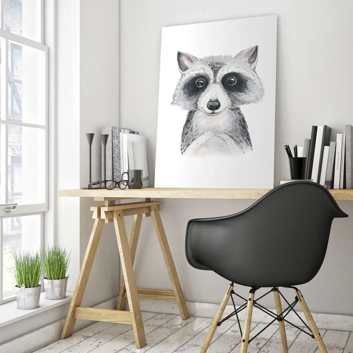 Glasbild - Bild auf glas - Adorable Portrait eines Waschbären auf weißem Hintergrund - 70x100cm - Ein Moment zum Bewegen - Moderne Wanddekoration für Wohnzimmer und Schlafzimmer ARTTOR