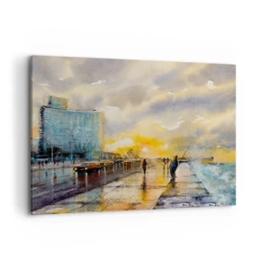 Bild auf Leinwand - Leinwandbild - Ein malerischer Blick auf die Strandpromenade bei Sonnenuntergang - 100x70cm - Leben am Ufer - Moderne Wanddekoration für Wohnzimmer und Schlafzimmer ARTTOR