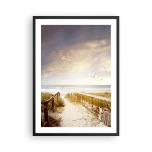 Poster in einem schwarzem Rahmen - Weg zum Strand bei Sonnenuntergang mit vorbeifliegenden Vögeln - 50x70cm - Ein Raum des Friedens - Moderne Wanddekoration für Wohnzimmer und Schlafzimmer ARTTOR