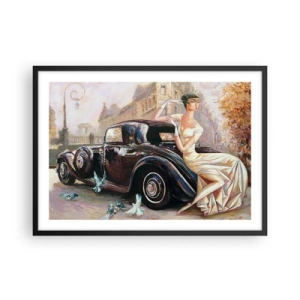 Poster in einem schwarzem Rahmen - Retro-Frau neben Oldtimer - 70x50cm - Eleganz im Retro-Stil - Moderne Wanddekoration für Wohnzimmer und Schlafzimmer ARTTOR