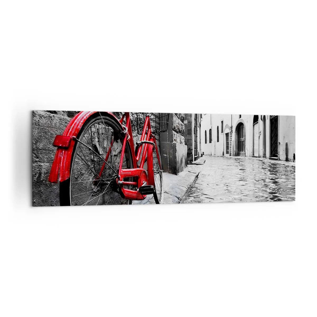 Bild auf Leinwand - Leinwandbild - Rotes Fahrrad in einer schwarz-weißen Straße - 160x50cm - Wahre Schönheit wird nicht alt - Moderne Wanddekoration für Wohnzimmer und Schlafzimmer ARTTOR
