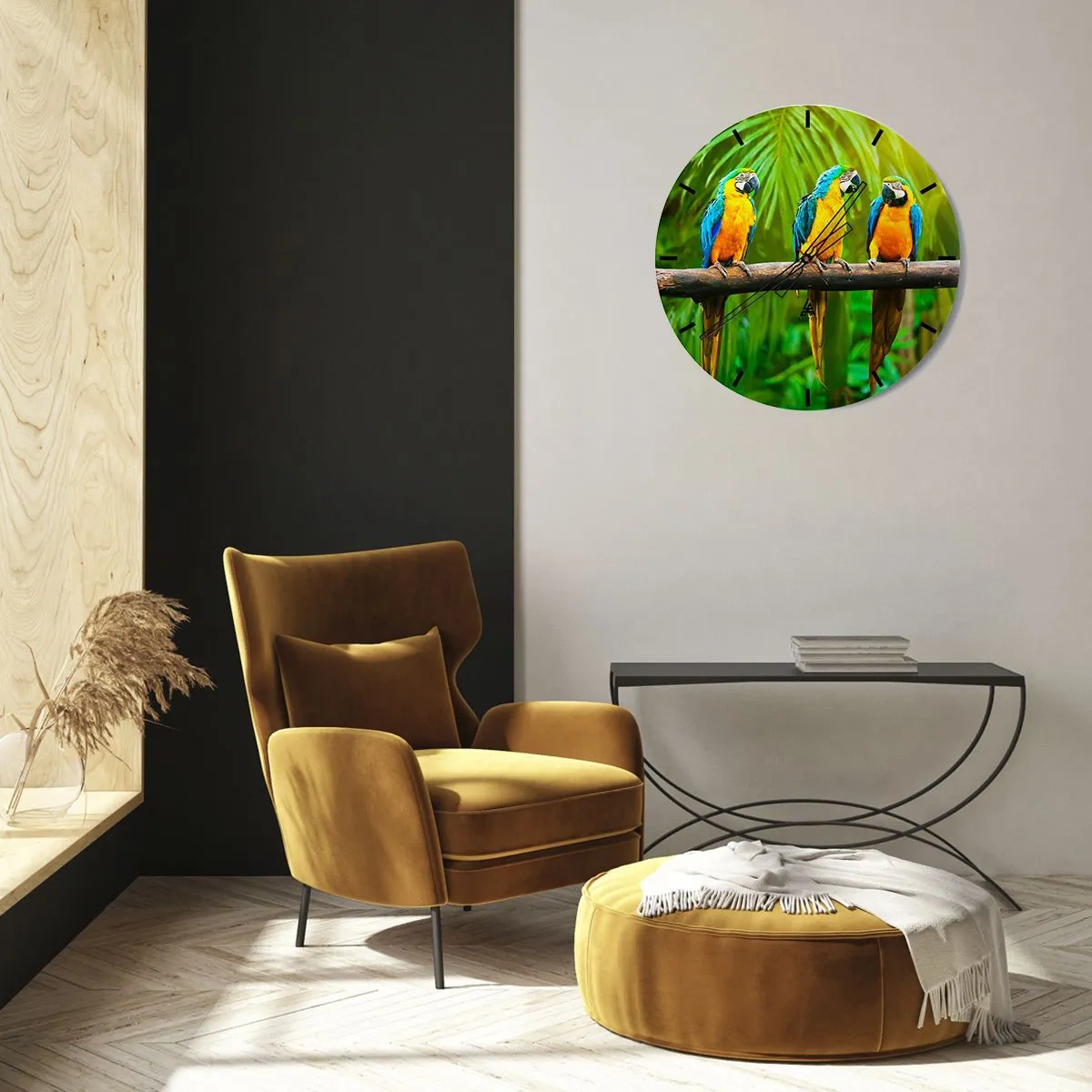 Wanduhr - Glasuhr - Drei Ara-Papageien auf einem Ast in tropischer Umgebung - 30x30cm - Und hast du gehört, dass sie ...? - Moderne Wanddekoration für Wohnzimmer, Küche und Schlafzimmer ARTTOR