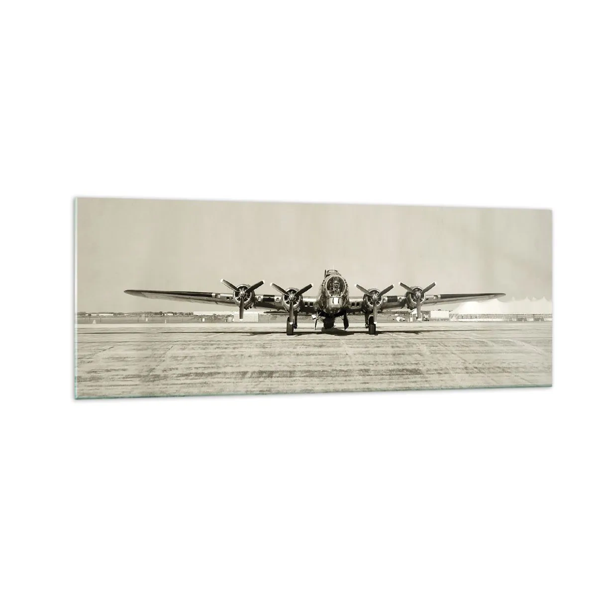 Glasbild - Bild auf glas - Historisches Flugzeug auf dem Flughafen in Sepia - 140x50cm - Wie immer bereit - Moderne Wanddekoration für Wohnzimmer und Schlafzimmer ARTTOR