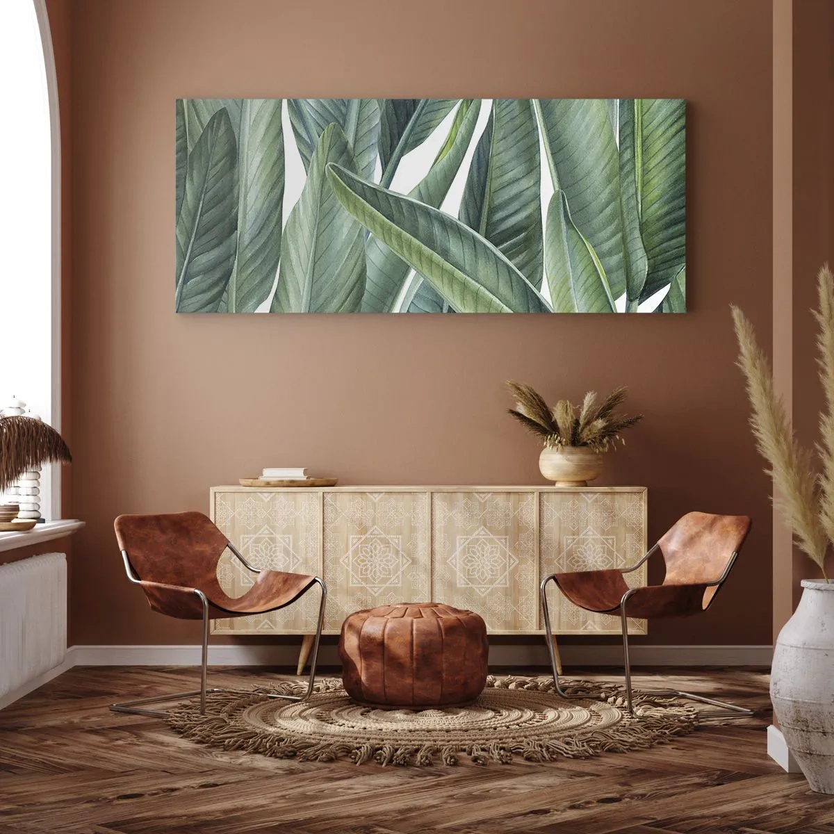Bild auf Leinwand - Leinwandbild - Grüne Blätter im minimalistischen, botanischen Stil - 120x50cm - An und für sich Grün - Moderne Wanddekoration für Wohnzimmer und Schlafzimmer ARTTOR