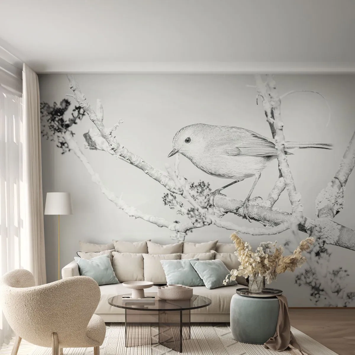 Fototapete Premium Sand - Ein Vogel auf einem Ast in einer schwarz-weißen Winterlandschaft - 100x70cm - Wintermorgen - Moderne Wanddekoration für Wohnzimmer und Schlafzimmer ARTTOR
