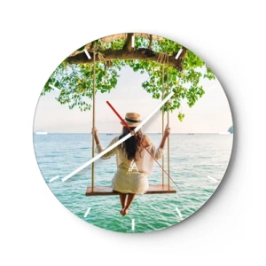 Wanduhr - Glasuhr - Frau auf einer Schaukel am Meer in einer Sommerkulisse - 30x30cm - Das Leben ist wunderschön - Moderne Wanddekoration für Wohnzimmer, Küche und Schlafzimmer ARTTOR