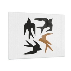 Glasbild - Bild auf glas - Vier fliegende Schwalben im minimalistischen Stil - 70x50cm - Schwalbenspaß - Moderne Wanddekoration für Wohnzimmer und Schlafzimmer ARTTOR