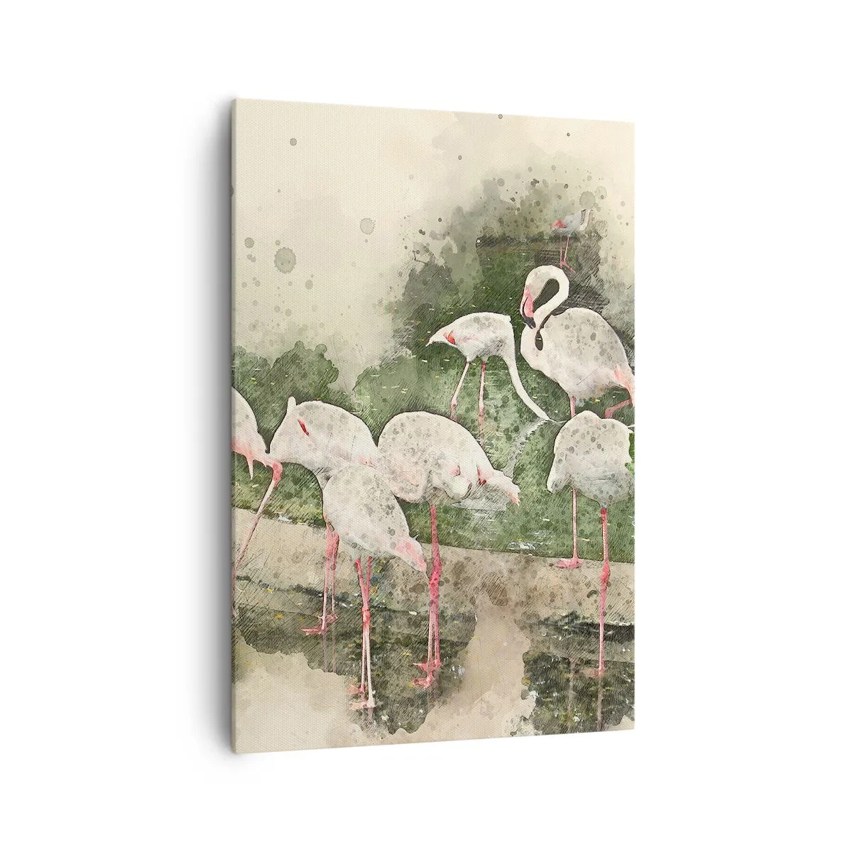 Bild auf Leinwand - Leinwandbild - Flamingos in ihrer natürlichen Umgebung im Aquarellstil - 70x100cm - Exotischer Traum - Moderne Wanddekoration für Wohnzimmer und Schlafzimmer ARTTOR