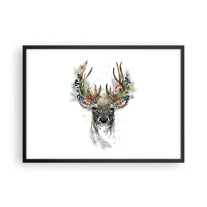 Poster in einem schwarzem Rahmen - Stilisierter Hirsch mit dekorativem Geweih auf weißem Hintergrund - 70x50cm - Im festlichen Gewand - Moderne Wanddekoration für Wohnzimmer und Schlafzimmer ARTTOR