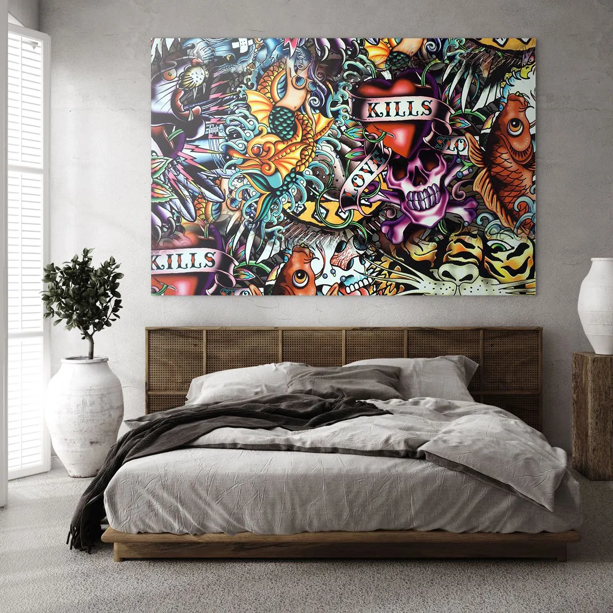 Glasbild - Bild auf glas - Eine farbenfrohe Komposition aus Mustern, inspiriert von der Tattoo-Kunst - 100x70cm - Der Traum des Tätowierers - Moderne Wanddekoration für Wohnzimmer und Schlafzimmer ARTTOR