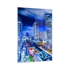 Glasbild - Bild auf glas - Panorama einer modernen Stadt bei Nacht mit hellen Lichtern - 50x70cm - Rhythmen der Nachtstadt - Moderne Wanddekoration für Wohnzimmer und Schlafzimmer ARTTOR