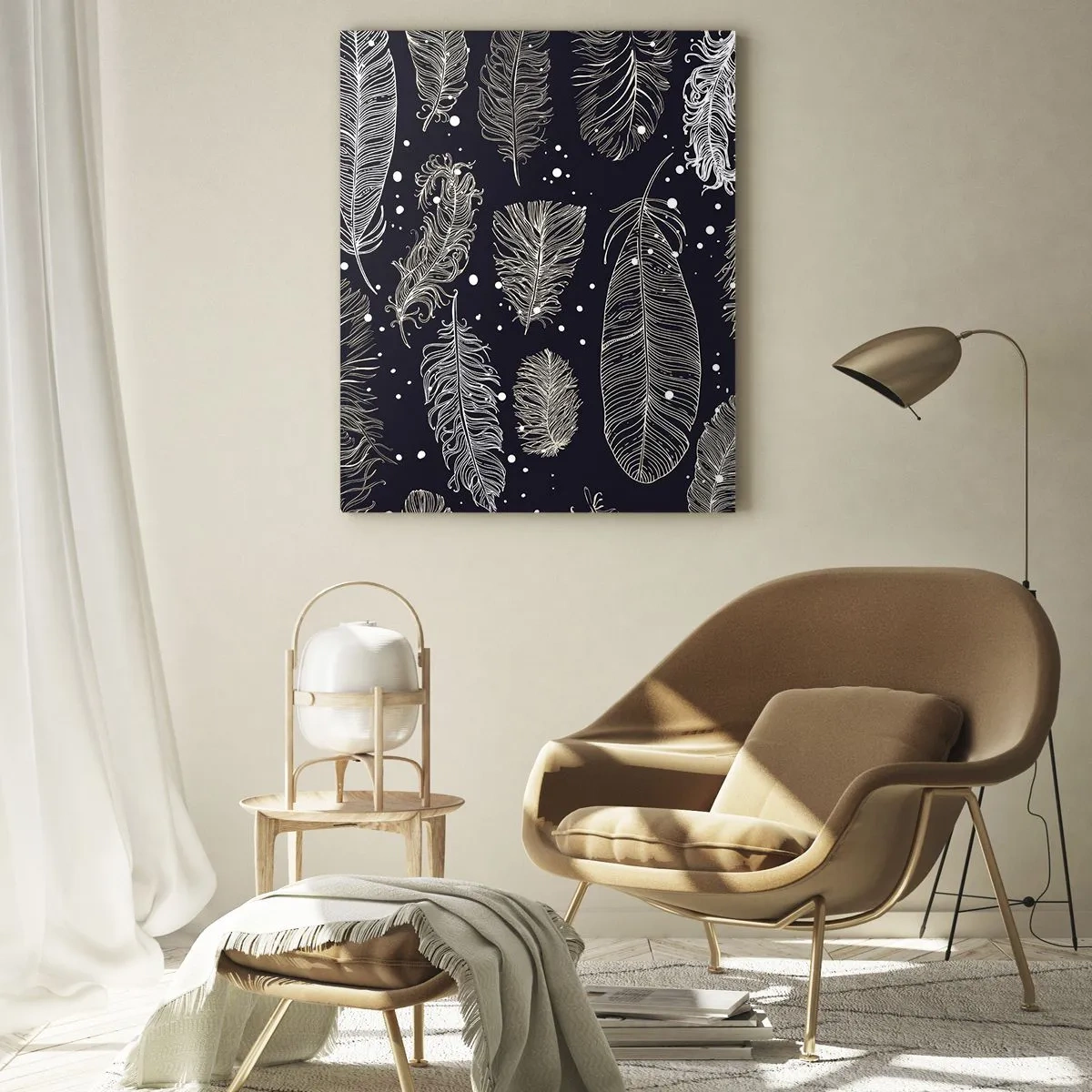 Glasbild - Bild auf glas - Weiße Federn auf schwarzem Hintergrund mit subtilen Details - 50x70cm - Gefiederte Spitze - Moderne Wanddekoration für Wohnzimmer und Schlafzimmer ARTTOR
