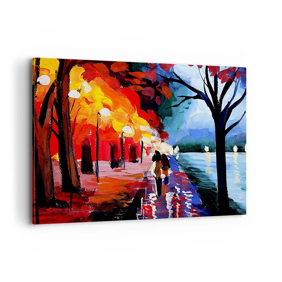 Bild auf Leinwand - Leinwandbild - Ein Herbstspaziergang entlang des Weges mit Blick auf das Wasser - 100x70cm - Strahlender Herbst im Park - Moderne Wanddekoration für Wohnzimmer und Schlafzimmer ARTTOR