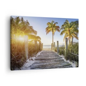 Bild auf Leinwand - Leinwandbild - Holzweg am Strand mit Palmen im Hintergrund - 70x50cm - Direkt ins Paradies - Moderne Wanddekoration für Wohnzimmer und Schlafzimmer ARTTOR