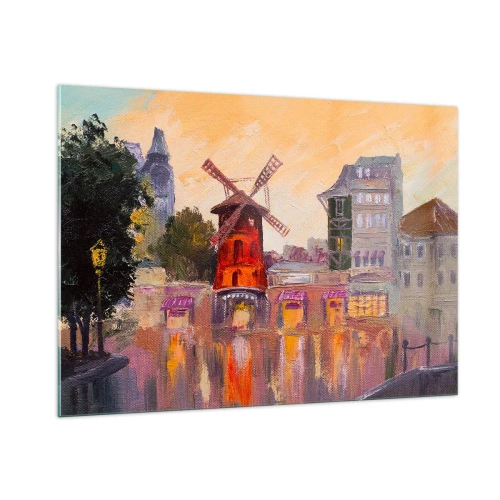 Glasbild - Bild auf glas - Die rote Windmühle des Moulin Rouge zwischen Pariser Mietshäusern - 100x70cm - Pariser Ikonen – Moulin Rouge - Moderne Wanddekoration für Wohnzimmer und Schlafzimmer ARTTOR
