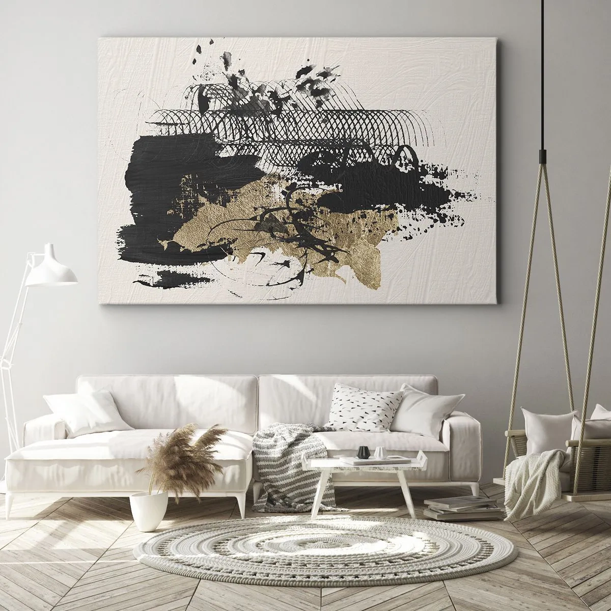 Bild auf Leinwand - Leinwandbild - Ein abstraktes Gemälde in Schwarz und Gold mit dynamischen Linien und Strukturen. - 70x50cm - Komposition mit Leidenschaft - Moderne Wanddekoration für Wohnzimmer und Schlafzimmer ARTTOR