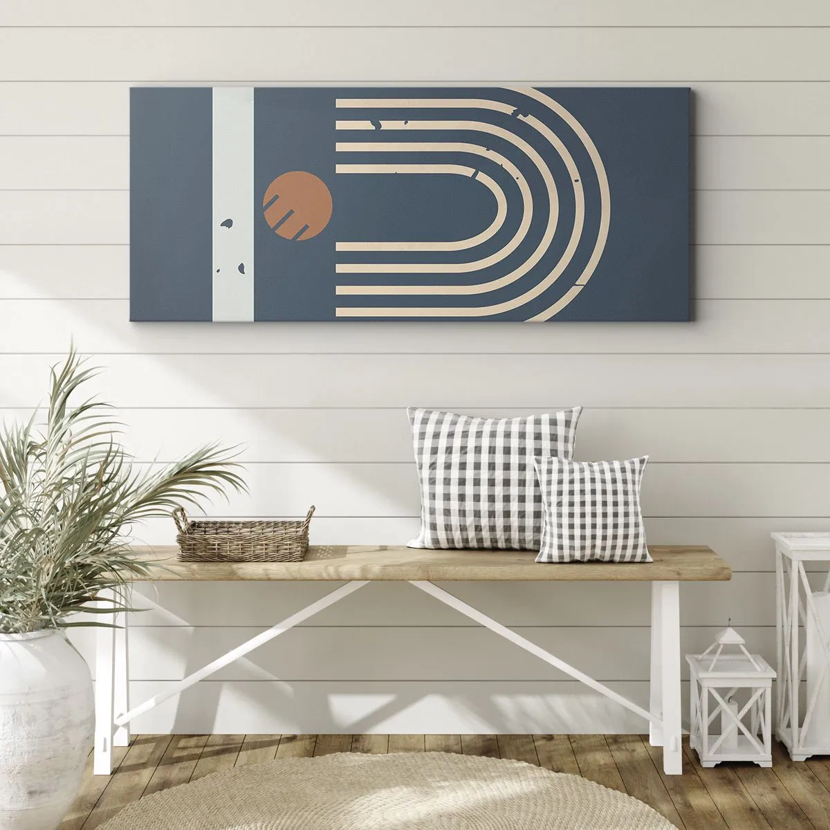 Bild auf Leinwand - Leinwandbild - Geometrisches Muster in Marineblau-, Beige- und Orangetönen auf dunklem Hintergrund - 140x50cm - Geometrie auf dem Granatapfel - Moderne Wanddekoration für Wohnzimmer und Schlafzimmer ARTTOR