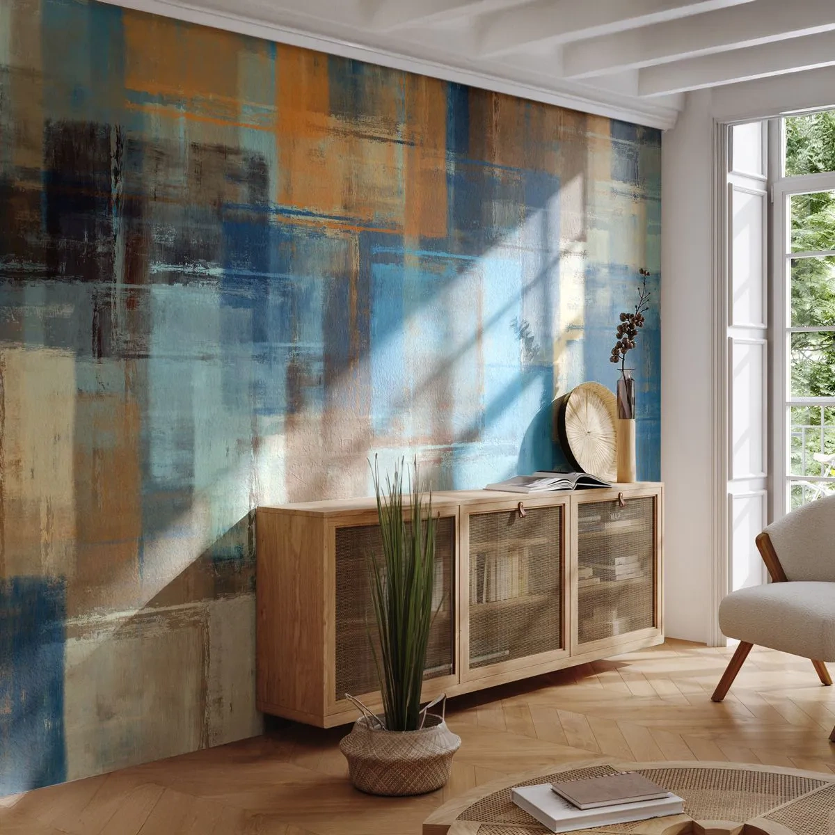 Fototapete Premium Sand - Abstrakte Geometrie in Blau- und Brauntönen - 100x70cm - Durch den blauen Schleier - Moderne Wanddekoration für Wohnzimmer und Schlafzimmer ARTTOR