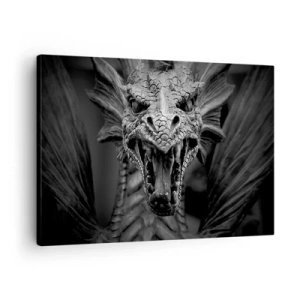 Bild auf Leinwand - Leinwandbild - Ein bedrohlicher Drachenkopf in Schwarz-Weiß mit ausdrucksstarken Details. - 70x50cm - Ein märchenhafter Drache in Grau - Moderne Wanddekoration für Wohnzimmer und Schlafzimmer ARTTOR