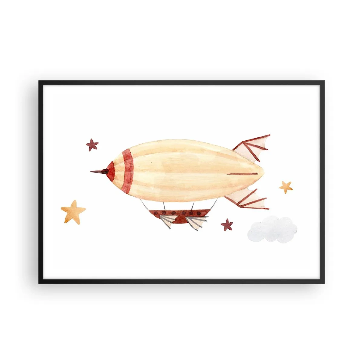 Poster in einem schwarzem Rahmen - Ein handbemaltes Luftschiff vor Sternenhimmel - 100x70cm - Luftschiff - Moderne Wanddekoration für Wohnzimmer und Schlafzimmer ARTTOR