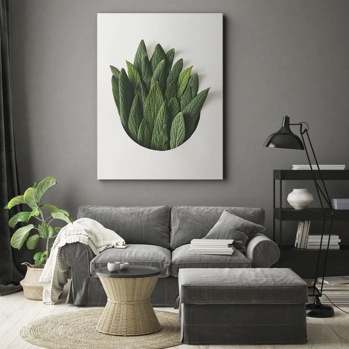 Bild auf Leinwand - Leinwandbild - Eine Komposition aus grünen Blättern auf hellem Hintergrund - 50x70cm - Ungebremste Neugier - Moderne Wanddekoration für Wohnzimmer und Schlafzimmer ARTTOR