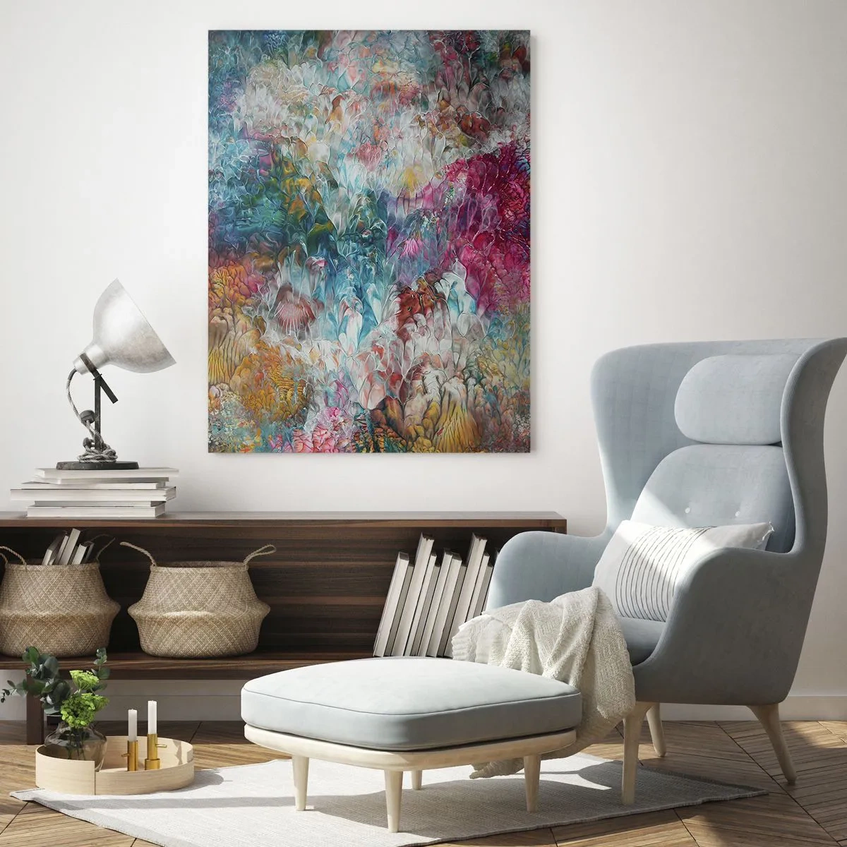 Glasbild - Bild auf glas - Eine abstrakte Komposition aus bunten Blumen in intensiven Farben. - 50x70cm - In voller Blüte - Moderne Wanddekoration für Wohnzimmer und Schlafzimmer ARTTOR