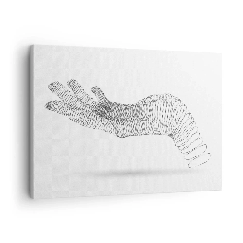 Bild auf Leinwand - Leinwandbild - Eine minimalistische Illustration einer Hand aus schwarzen Punkten auf weißem Hintergrund. - 70x50cm - Federnde Hand - Moderne Wanddekoration für Wohnzimmer und Schlafzimmer ARTTOR