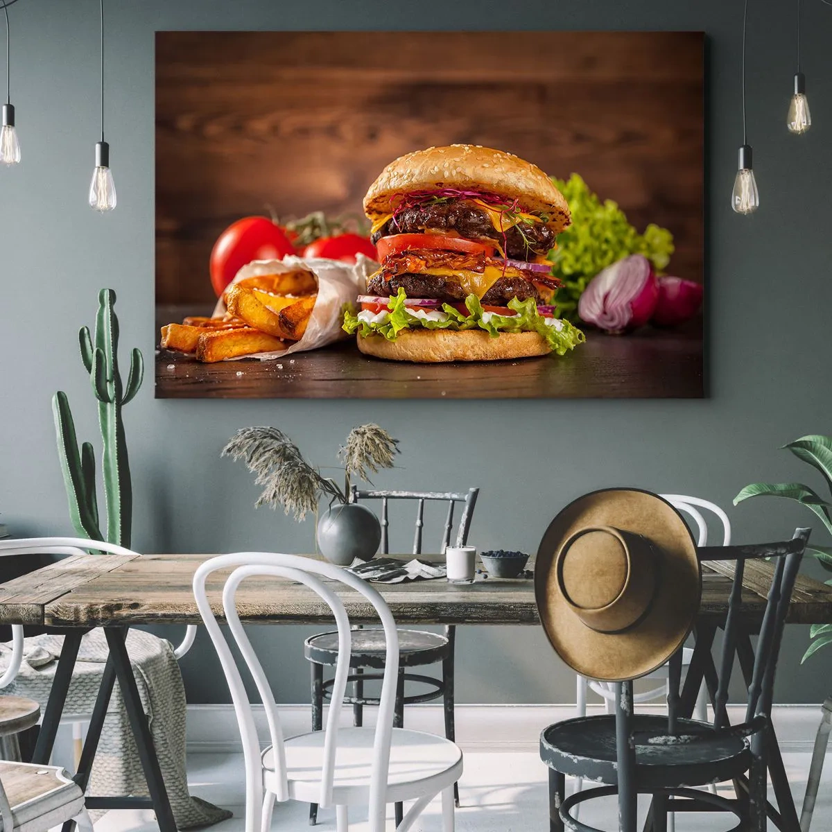 Bild auf Leinwand - Leinwandbild - Appetitlicher Burger mit Extras - 100x70cm - Die verbotene Frucht - Moderne Wanddekoration für Wohnzimmer und Schlafzimmer ARTTOR