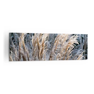 Bild auf Leinwand - Leinwandbild - Winterliche Grashalme mit Frost bedeckt vor einem dunkelgrünen Hintergrund - 160x50cm - Gekleidet mit Frost - Moderne Wanddekoration für Wohnzimmer und Schlafzimmer ARTTOR