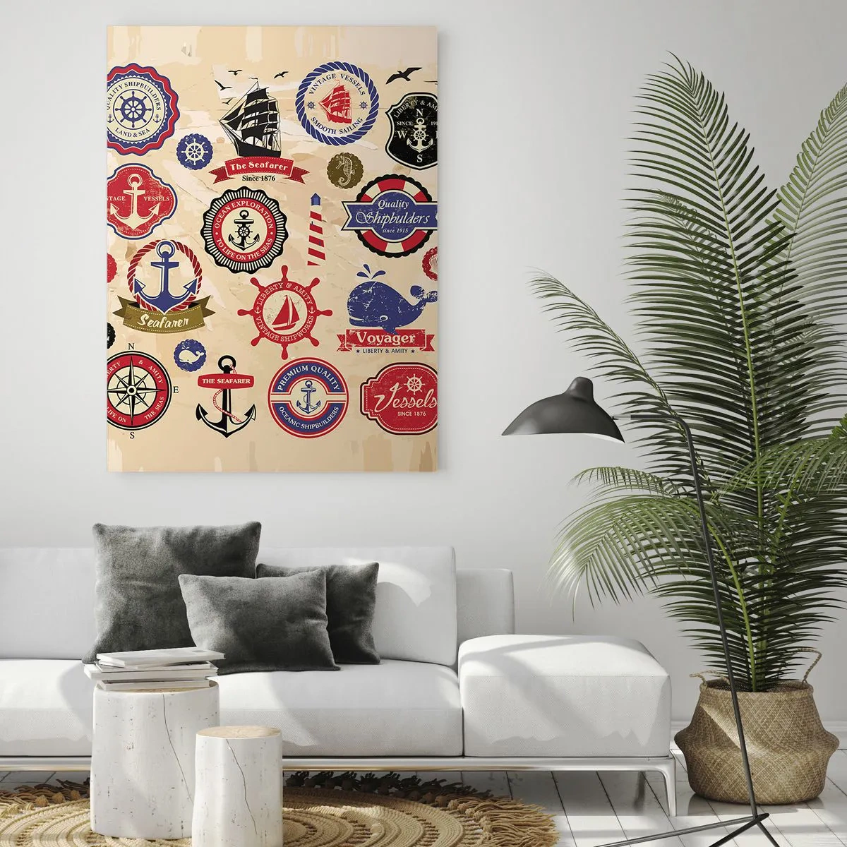 Glasbild - Bild auf glas - Eine Sammlung nautischer Grafiken und Symbole auf hellem Hintergrund - 80x120cm - Segelbruderschaft - Moderne Wanddekoration für Wohnzimmer und Schlafzimmer ARTTOR