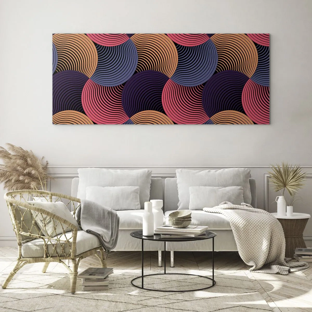 Glasbild - Bild auf glas - Geometrische Kreise in Rosa-, Lila- und Goldtönen - 160x50cm - Im kreisenden Rhythmus - Moderne Wanddekoration für Wohnzimmer und Schlafzimmer ARTTOR