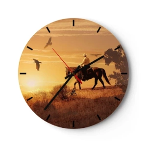 Wanduhr - Glasuhr - Cowboy auf dem Pferd bei Sonnenuntergang - 30x30cm - Allein durch die Prärie - Moderne Wanddekoration für Wohnzimmer, Küche und Schlafzimmer ARTTOR