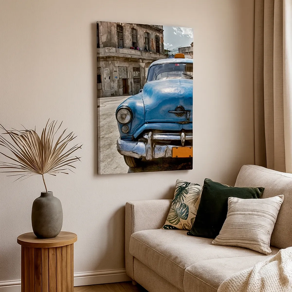 Bild auf Leinwand - Leinwandbild - Ein altes blaues Auto auf der Straße im Retro-Stil - 50x70cm - Alt ist schön - Moderne Wanddekoration für Wohnzimmer und Schlafzimmer ARTTOR