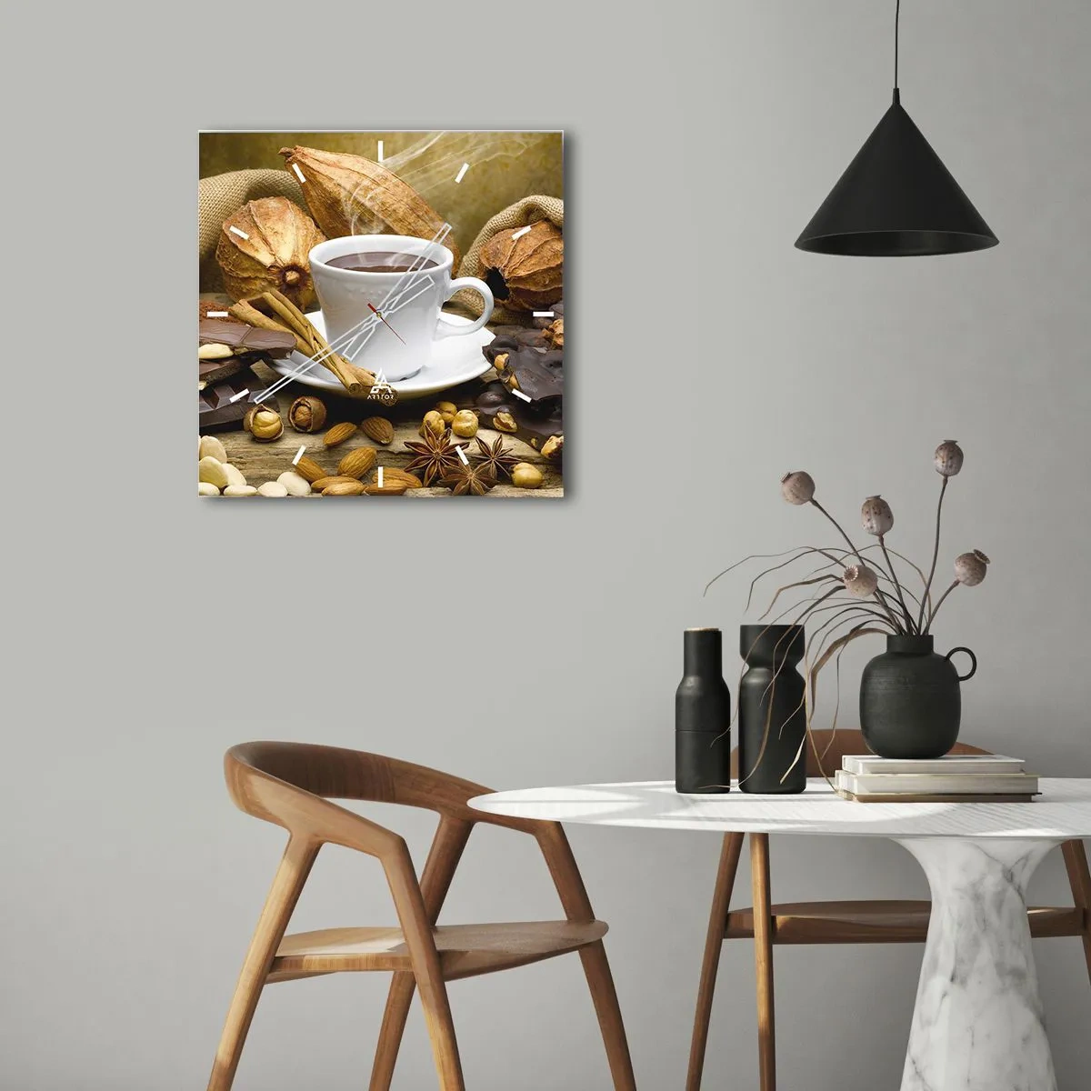 Wanduhr - Glasuhr - Eine Tasse heiße Schokolade, umgeben von Kakao und Zimt - 30x30cm - Für Nervenkitzel-Suchende - Moderne Wanddekoration für Wohnzimmer und Schlafzimmer ARTTOR