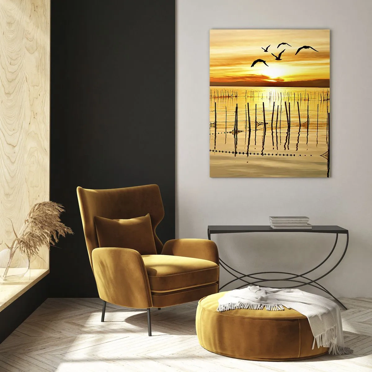 Glasbild - Bild auf glas - Sonnenuntergang über dem Wasser mit Vögeln im Flug - 80x120cm - In der Fischerei - Moderne Wanddekoration für Wohnzimmer und Schlafzimmer ARTTOR