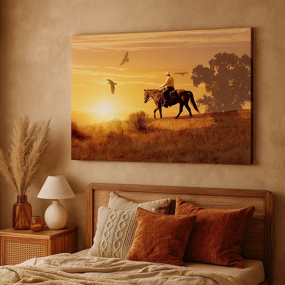 Bild auf Leinwand - Leinwandbild - Ein Reiter auf einem Pferd bei Sonnenuntergang vor der Prärie - 70x50cm - Allein durch die Prärie - Moderne Wanddekoration für Wohnzimmer und Schlafzimmer ARTTOR