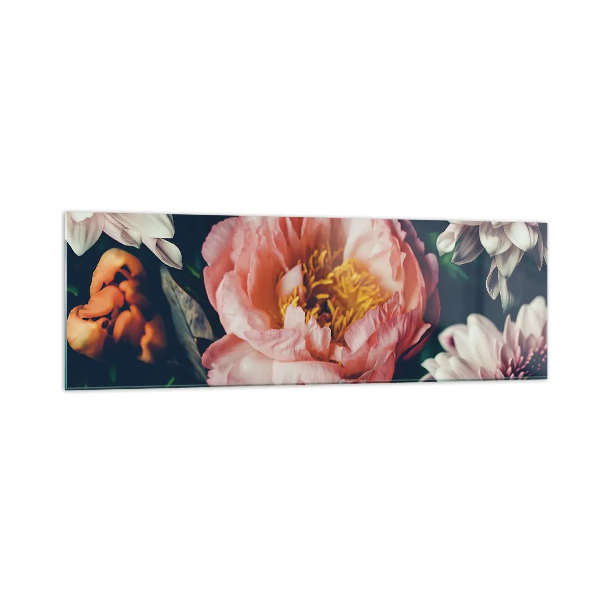 Glasbild - Bild auf glas - Blumenarrangement mit Pfingstrosen und Chrysanthemen auf dunklem Hintergrund - 160x50cm - Mit barocker Pracht - Moderne Wanddekoration für Wohnzimmer und Schlafzimmer ARTTOR