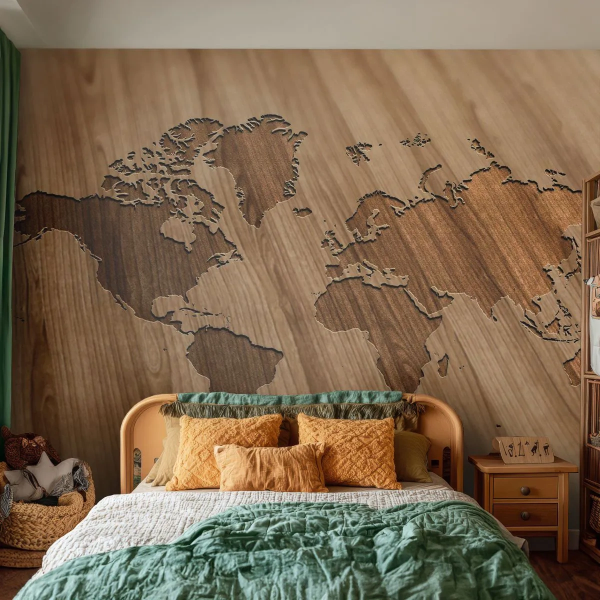 Fototapete Standard Eco - Die Welt liegt auf dem Tisch - Weltkarte, Holz, Kontinente - 200x140 cm