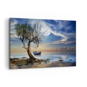 Bild auf Leinwand - Leinwandbild - Ein einsamer Baum und ein Boot auf ruhigem Wasser unter Vollmond. - 120x80cm - Ist das das Ende oder der Anfang? - Moderne Wanddekoration für Wohnzimmer und Schlafzimmer ARTTOR