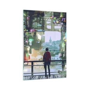 Glasbild - Bild auf glas - Eine Figur in einer futuristischen Stadt mit Neonlichtern - 70x100cm - Zwei Welten - Moderne Wanddekoration für Wohnzimmer und Schlafzimmer ARTTOR
