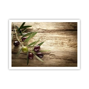 Poster - Olivenzweig mit Früchten auf einem Hintergrund aus gealtertem Holz - 100x70cm - Direkt aus der Natur - Moderne Wanddekoration für Wohnzimmer und Schlafzimmer ARTTOR