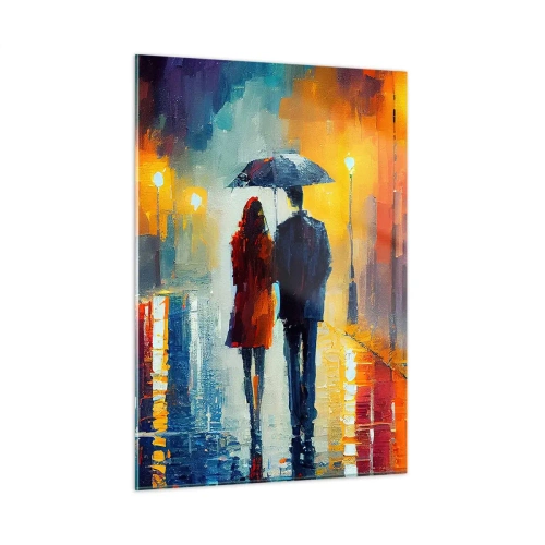Glasbild - Bild auf glas - Ein Paar unter einem Regenschirm auf einer farbenfrohen Nachtstraße im Regen. - 50x70cm - Gemeinsam – eine bunte Nacht - Moderne Wanddekoration für Wohnzimmer und Schlafzimmer ARTTOR