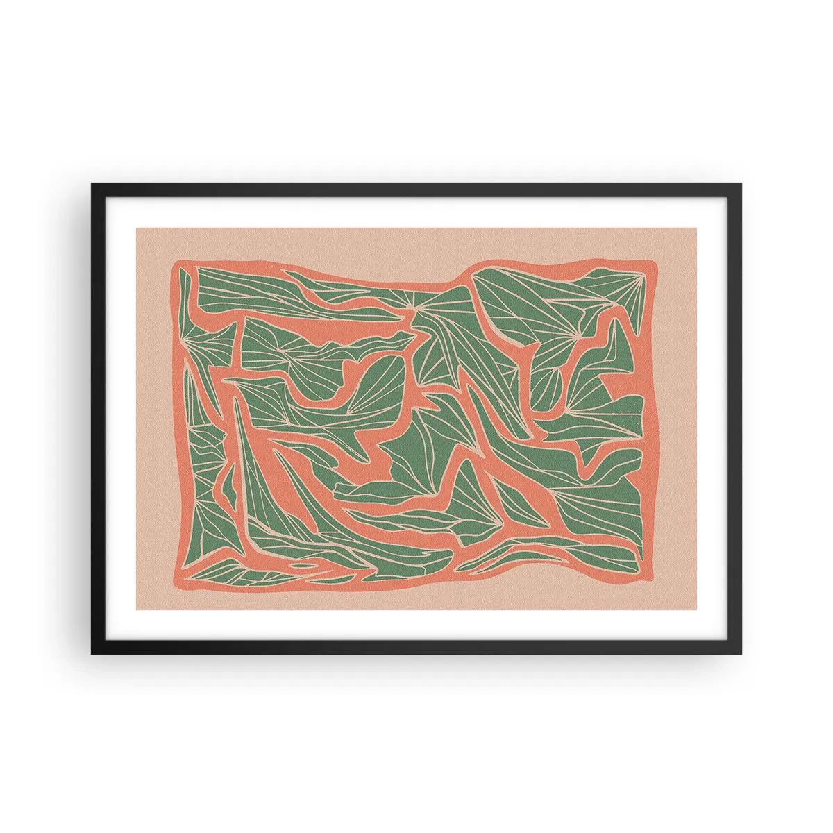 Poster in einem schwarzem Rahmen - Ein Pflanzenmuster in Grün- und Orangetönen - 70x50cm - Kampf zwischen Korallen und Grün - Moderne Wanddekoration für Wohnzimmer und Schlafzimmer ARTTOR