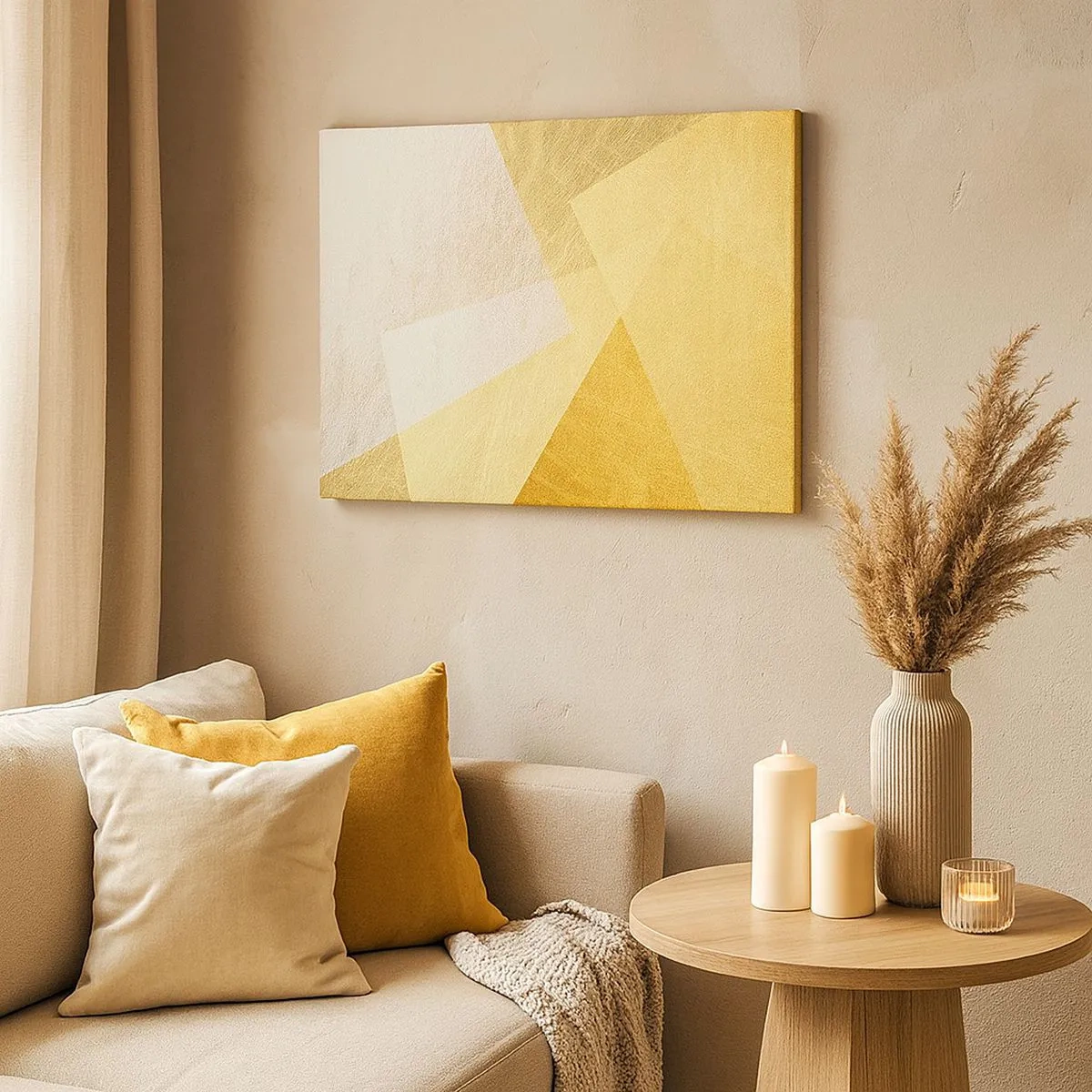 Bild auf Leinwand - Leinwandbild - Geometrische Formen in Gold und hellen Farbtönen - 70x50cm - Geometriewetter - Moderne Wanddekoration für Wohnzimmer und Schlafzimmer ARTTOR