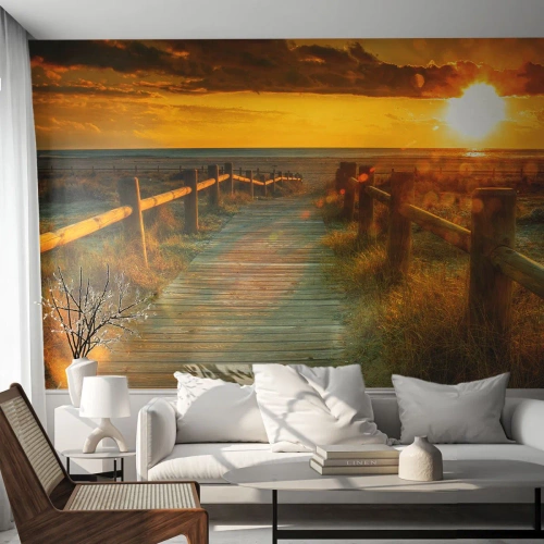 Selbstklebende Fototapete Deluxe Sticker - In altem Gold gebadet - Landschaft, Meer, Abstieg zum Strand - 300x210 cm