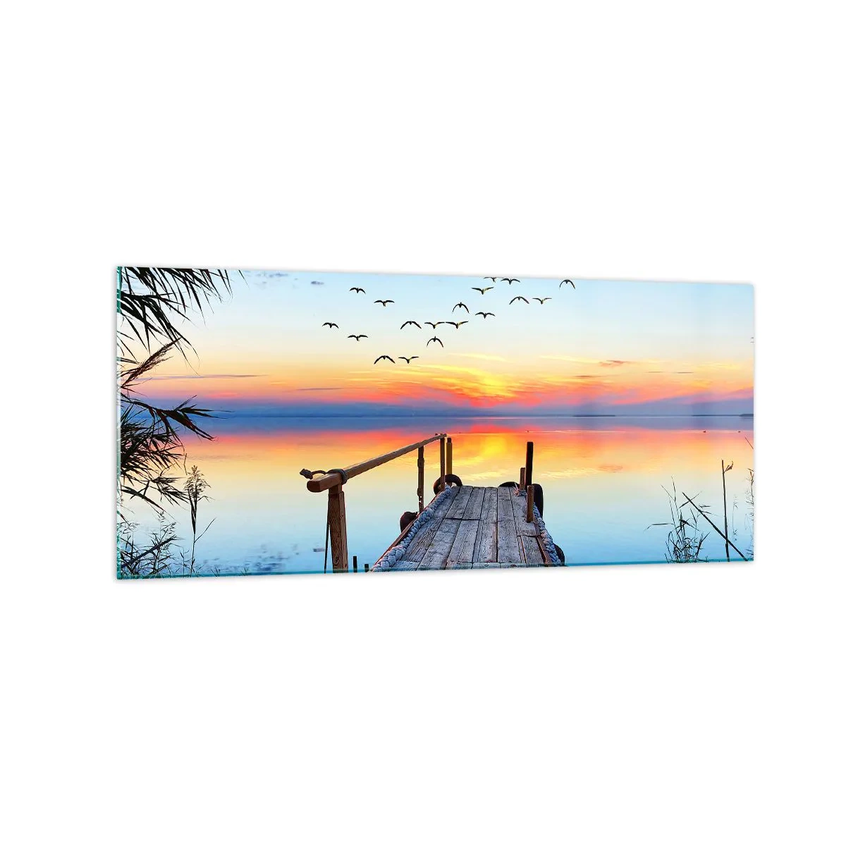 Glasbild - Bild auf glas - Holzsteg über dem See bei Sonnenuntergang - 120x50cm - Es ist Zeit, zurückzukehren ... - Moderne Wanddekoration für Wohnzimmer und Schlafzimmer ARTTOR