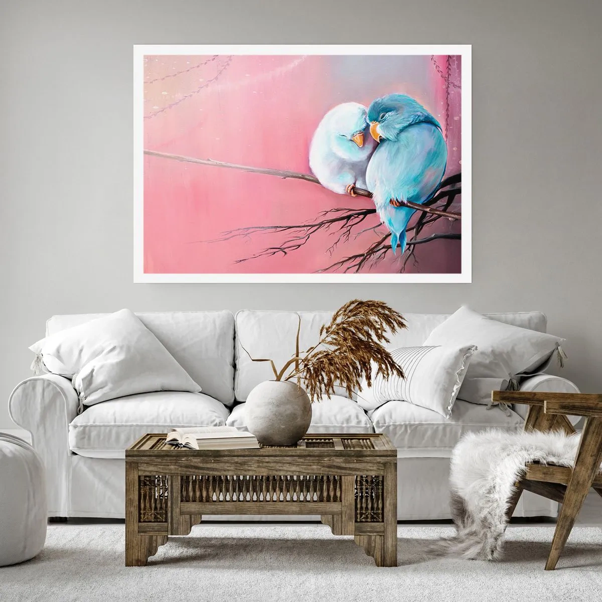 Poster - Zwei verliebte Vögel auf einem Ast auf rosa Hintergrund - 100x70cm - Was kann ich hier hinzufügen? ... - Moderne Wanddekoration für Wohnzimmer und Schlafzimmer ARTTOR