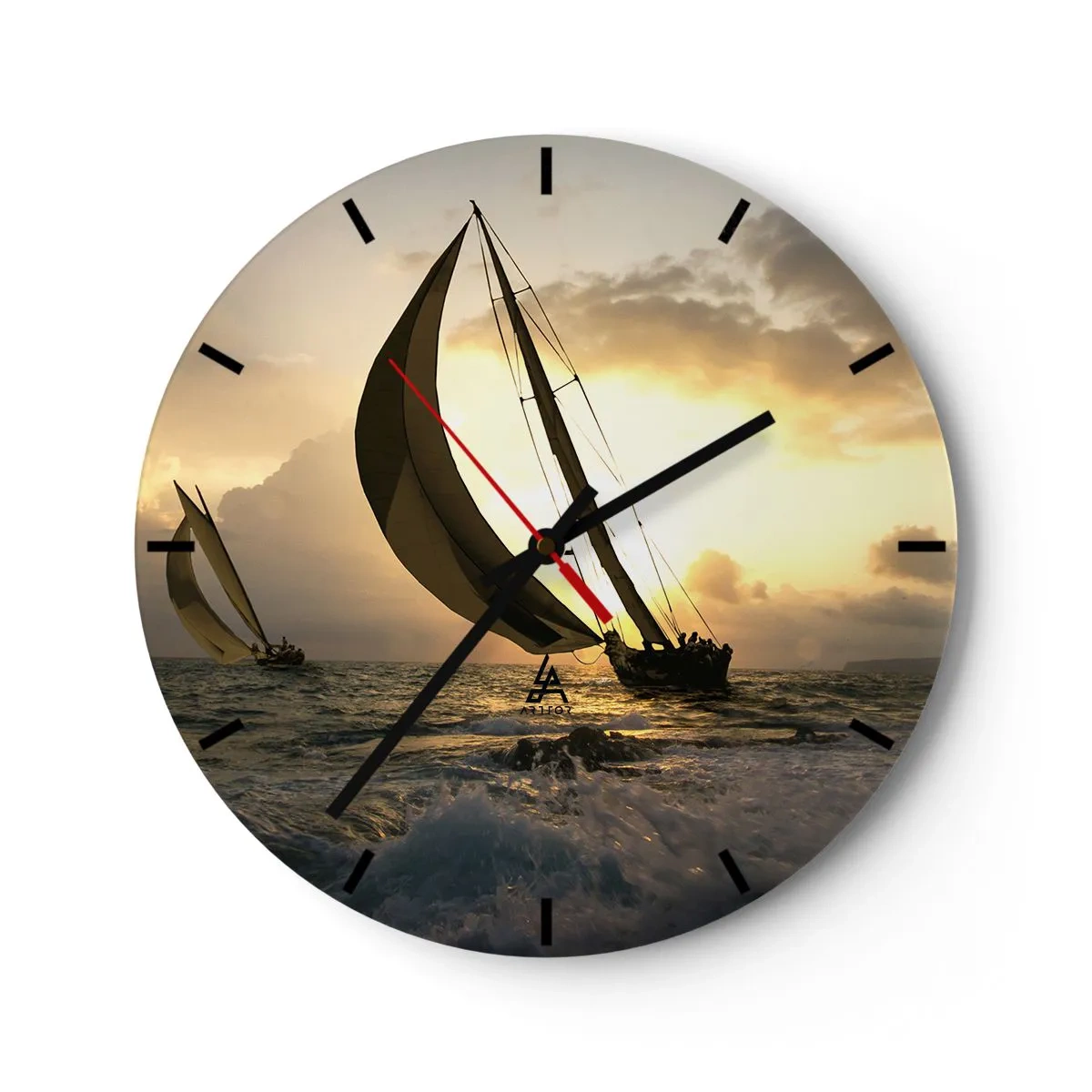 Wanduhr - Glasuhr - Segelboote auf dem offenen Meer bei Sonnenuntergang - 30x30cm - Mit dem Wind und gegen den Wind - Moderne Wanddekoration für Wohnzimmer, Küche und Schlafzimmer ARTTOR