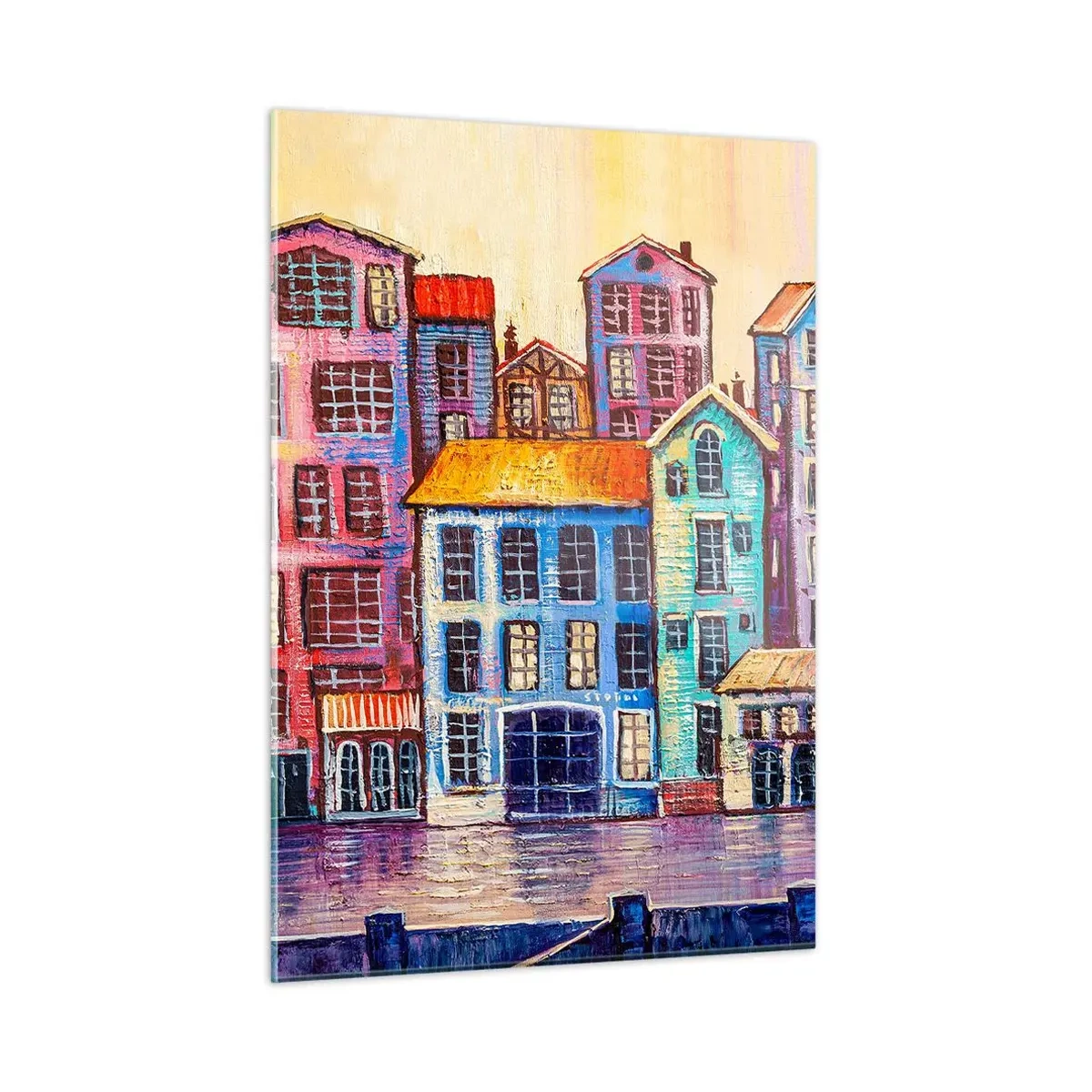 Glasbild - Bild auf glas - Bunte Mietshäuser spiegeln sich im Wasser - 50x70cm - Stadt wie aus einem Märchen - Moderne Wanddekoration für Wohnzimmer und Schlafzimmer ARTTOR