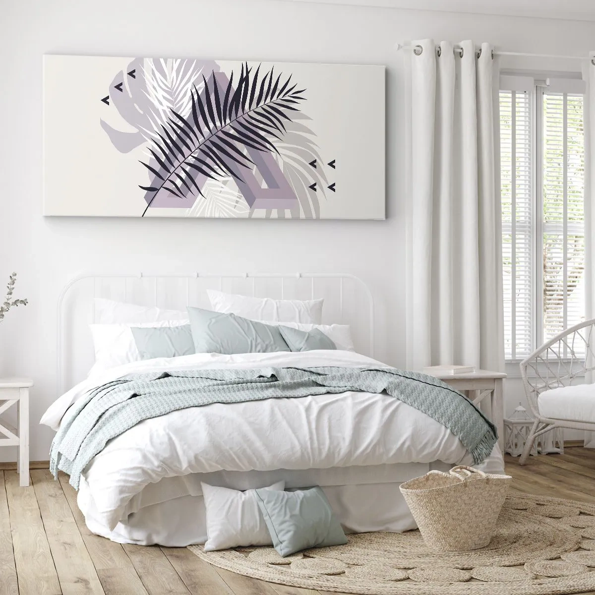 Bild auf Leinwand - Leinwandbild - Eine minimalistische Komposition mit Blättern und geometrischen Formen - 120x50cm - Der Schatten des Schattens - Moderne Wanddekoration für Wohnzimmer und Schlafzimmer ARTTOR